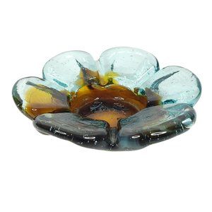 Vintage Art Glass Ashtray Bowl Dish Floral Flower Petal Mid Century Blue Brown
